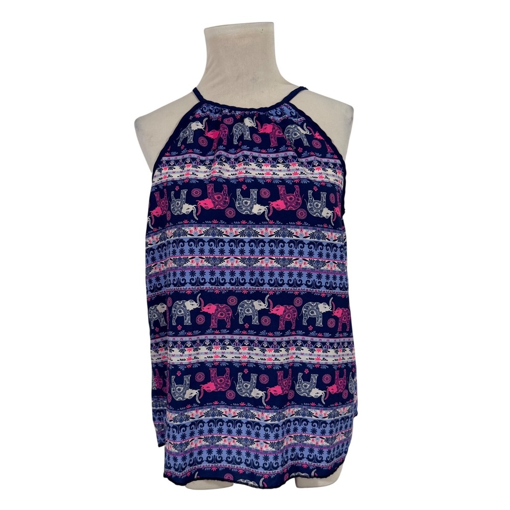 Wishful Park Elephant Print Halter Tank Top Women's‎ Medium Navy Blue Pink Boho